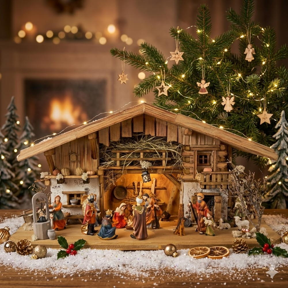 Festliche Weihnachtskrippe Aicha inkl. 15 tlg. Figurensatz ETA 2 - Maße Krippe ca. 69 x 29 x 34 cm